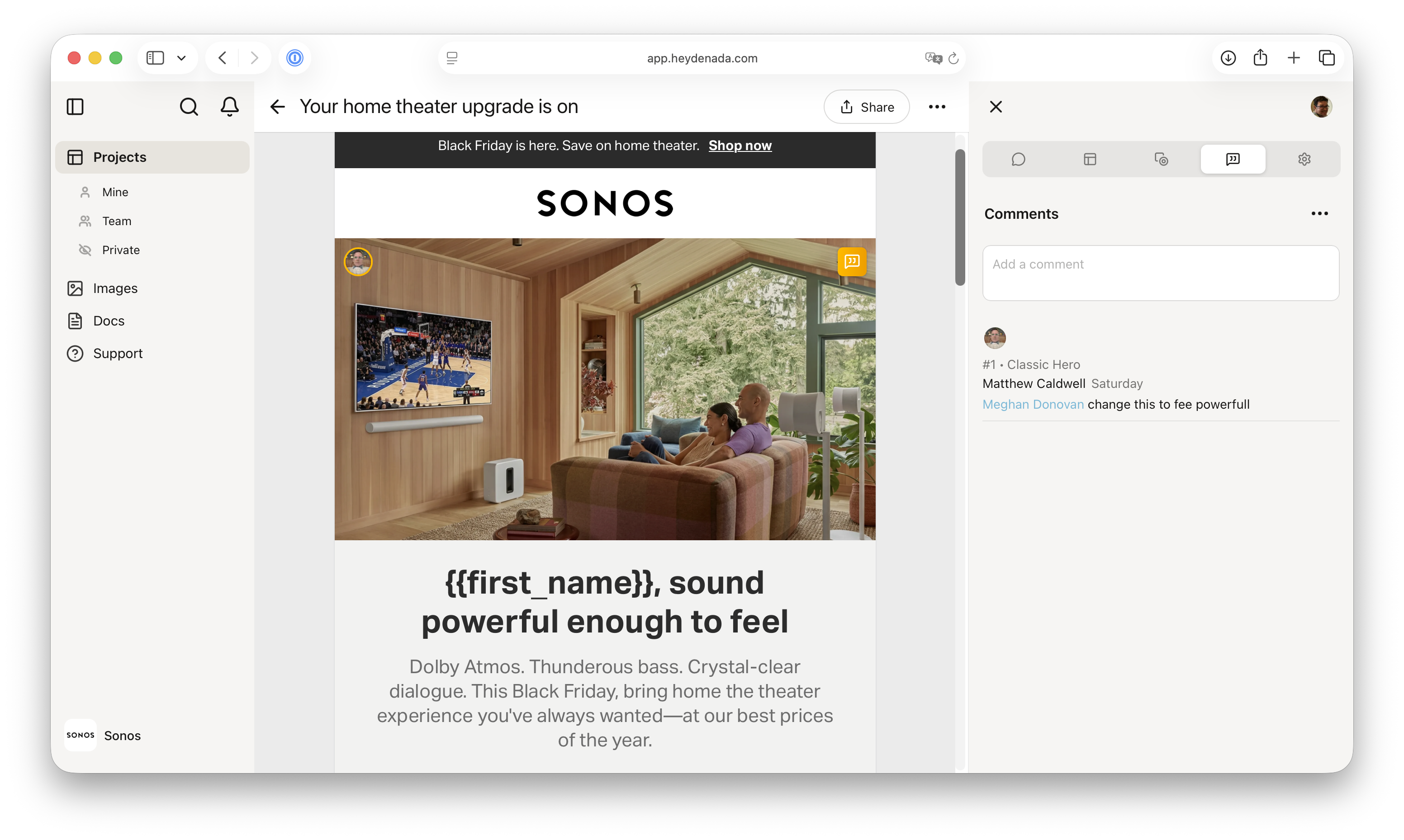 Denada app — brand-trained email creation with collaboration